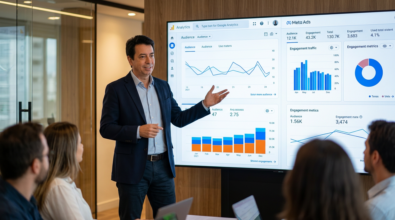 Apresentação de resultados de Google Analytics e Meta Ads em agência